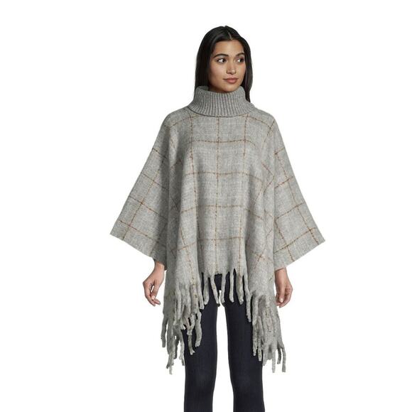 World Market Poncho Women's One Size NWT Gray/Tan Windowpane Turtleneck - Picture 1 of 7